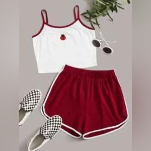 Romwe Beetle Embroidery Cami & Red Dolphin Shorts